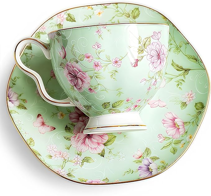 Exquisite Bone China Tea Cups and Saucer Set – Elegant Porcelain Tea Cups, Beautifully Detailed for Tea Lovers, Gift-Ready for Christmas, Hostess, Holiday Gift & Fall Decor