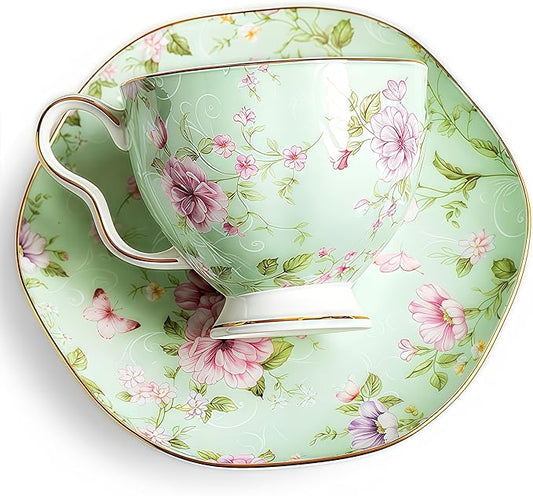 Exquisite Bone China Tea Cups and Saucer Set – Elegant Porcelain Tea Cups, Beautifully Detailed for Tea Lovers, Gift-Ready for Christmas, Hostess, Holiday Gift & Fall Decor