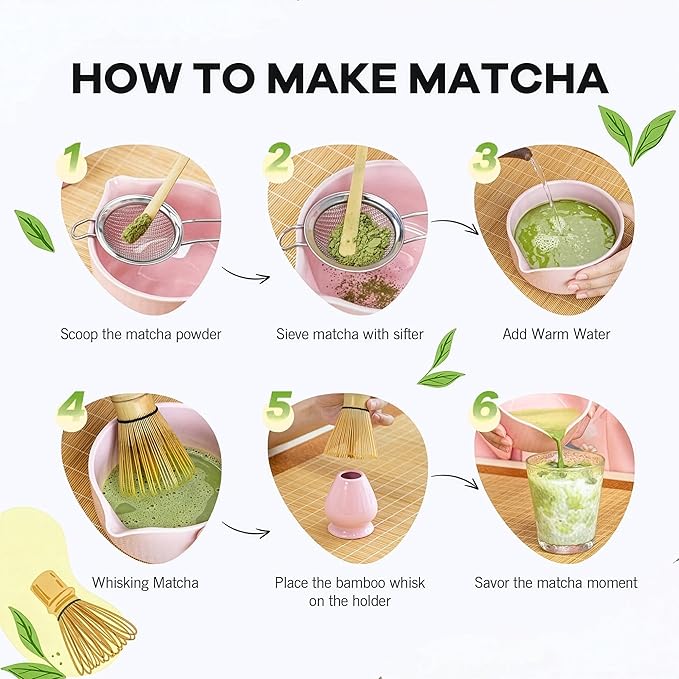 Pink Matcha Whisk Set 5pcs Matcha Set With A Bowl, Mini Whisk And Holder, Bamboo Scoop And Stainless Steel Sifter Perfect Matcha Kit For Gifts
