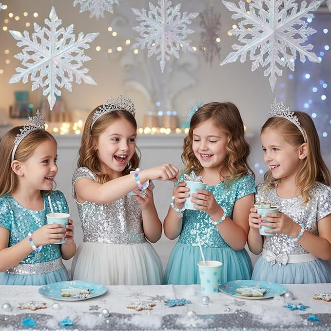Ecally 12 Pcs Snowflake Party Favors Snowflake Beaded Bracelet Bulk Winter Christmas Party Supplies Jewelry Princess Birthday Prize Gifts for Girls Women