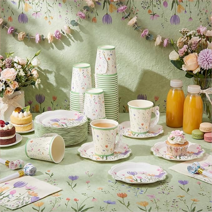 100 Sets Wildflower Floral Paper Tea Cups and Saucers Disposable Paper Tea Party Supplies 9 oz Cups with Handle and Saucer for Birthday Wedding Party Decorations