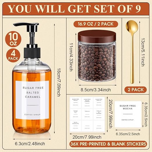 9 Pcs Coffee Syrup Dispenser Set 10.1 Oz/300 ml Plastic Coffee Syrup Dispenser Pump Bottle Pet Jar with Lids Gold Spoon and Labels for Home Bar Organization - Image 2