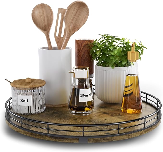 Lazy Susan Turntable Organizer for Table Top, 13’’ Round Wooden Lazy Susan for Cabinet Kitchen Countertop Pantry Dining Coffee Table for Condiments Spices, Rustic Bathroom Vanity Tray for Soap Candle by HGF