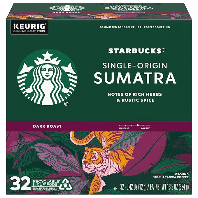 Starbucks Coffee K-Cup Pods, Sumatra Single-Origin Coffee, Dark Roast Ground Coffee, Keurig Genuine K-Cup Pods, 32 Count (Pack of 4)