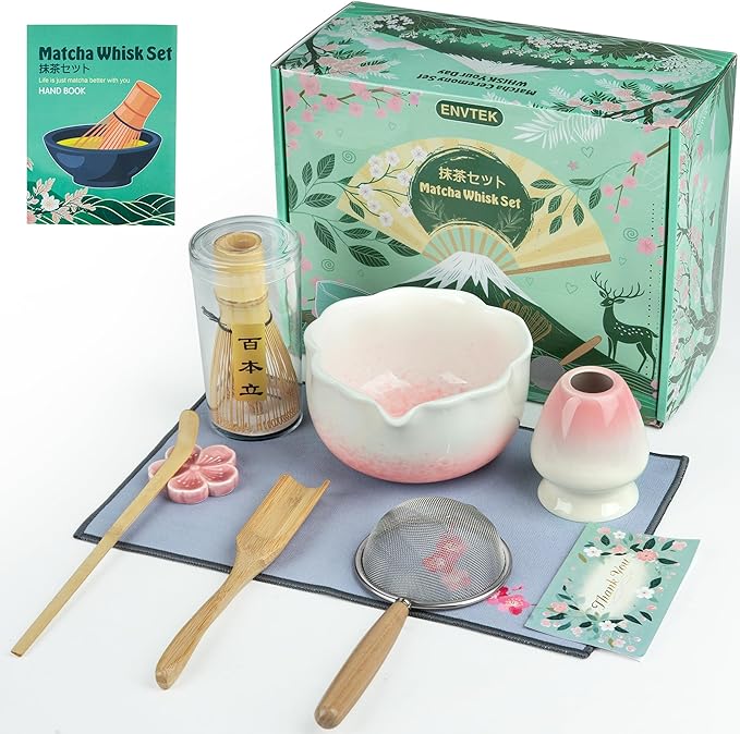 8Pcs Matcha Whisk Set with Floral Ceramic Matcha Bowl, Wooden-Handled Sifter, Bamboo Whisk, Whisk Holder, Bamboo Scoop, Scoop Rest, Spoon, Tea Towel, Greeting card, Gift for Beginners