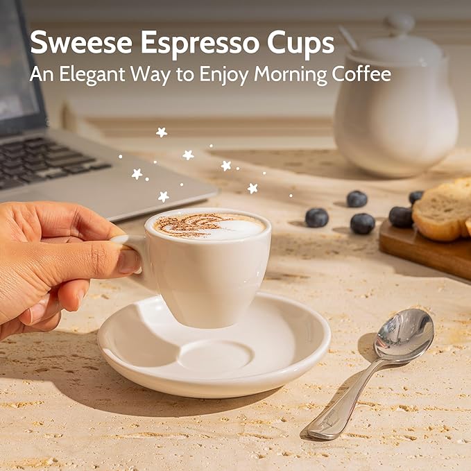 Sweese 2 Ounce Espresso Cups with Saucers, Porcelain Espresso Cups Set of 6 - White