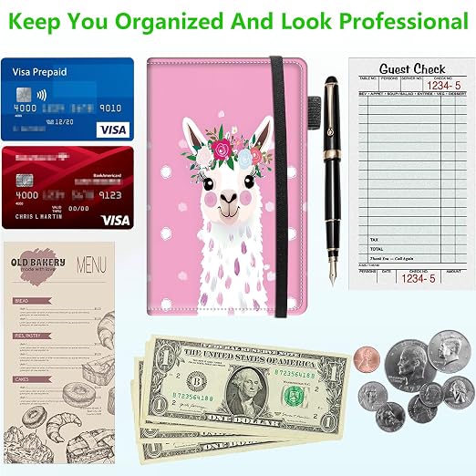 Server Books for Waitress, 5x9 Inch Waitstaff Server Order Pads, 11 Large Pockets, Cute PU Leather Waitress Book Server Wallet with Elastic Band Fit Server Apron,Llama with Flower Crown - Image 5