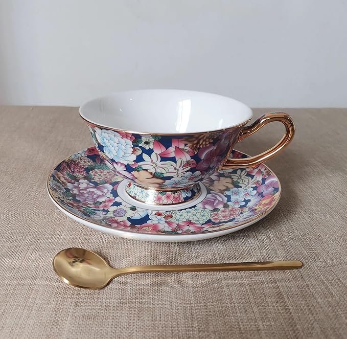 Cup& Saucer Set Bone China Tea Coffee Cup for Breakfast Afternoon Tea- Embossed Floral Pattern (Multicolor)