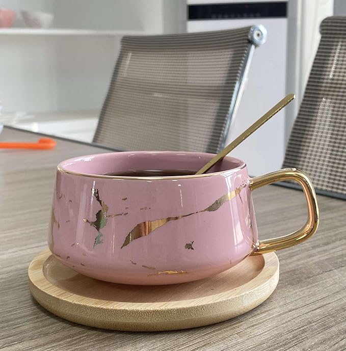 YBK Tech Porcelain Tea Cup Coffee Mug Set for Afternoon Tea - Marble Pattern (Pink, Short 300ml + wood saucer)