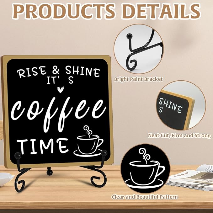 Wooden Coffee Bar Sign Coffee Bar Decor, Coffee Bar Decorations Black and White with Iron Stand Bar Tabletop Shelf Accessories, Coffee Signs Decors for Coffee Station Home Farmhouse Kitchen & Office - Image 2