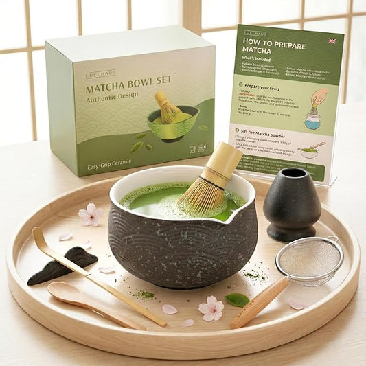 Matcha Kit Whisk Set (7 Pcs) - Complete Matcha Set, Matcha Bowl with with Bowl, Whisk and Holder, Bamboo Spoon/Scoop, Scoop Rester and Sifter incl. Booklet