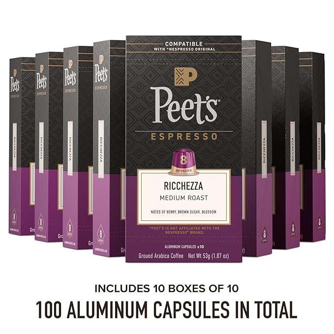 Peet's Coffee, Medium Roast Espresso Capsules, Compatible with Nespresso Original Machine, 100% Arabica Coffee - Ricchezza Intensity 8, 100 Count (10 Boxes of 10 Espresso Capsules)