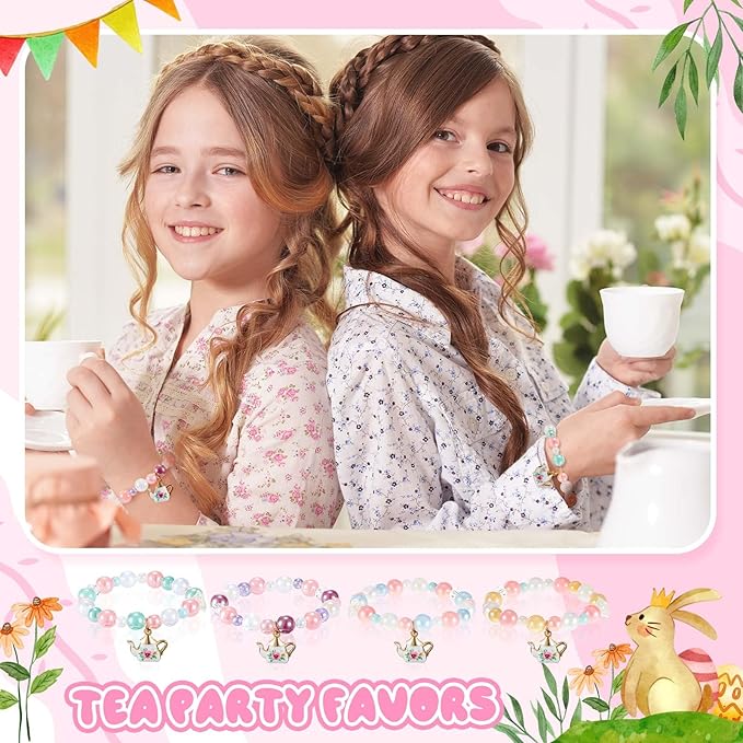 Ecally 24 Pcs Tea Party Favors Bracelet Bulk Tea Pot Beaded Bracelet Gift Party Supplies Pot Pendant Accessories Decorations for Kids Girl