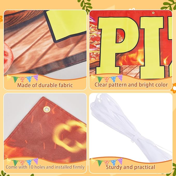 Tegeme Pizza Banner Sign for Shop Truck Decor 2x10 ft/ 24x120 Inch Pizza Party Decorations Pizza Birthday Party Supplies with 10 Grommets for Easy Hang Indoor Outdoor