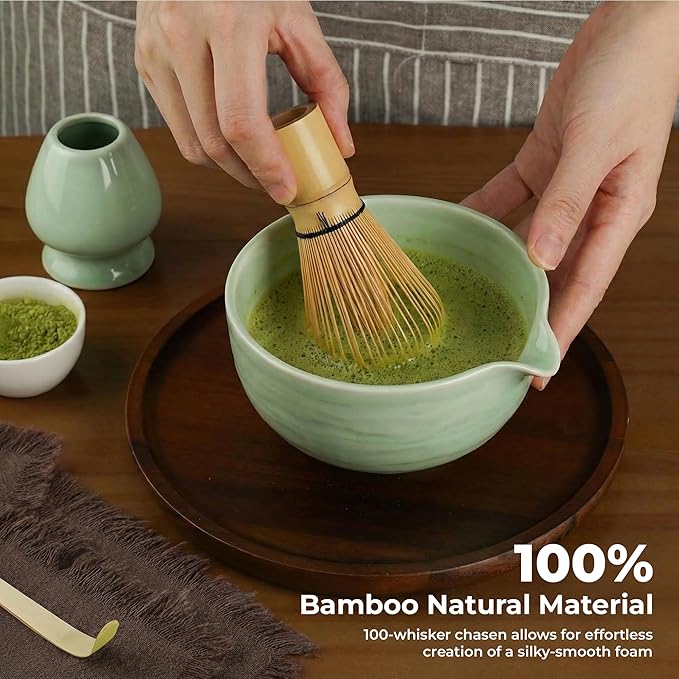 Matcha Whisk Set – 5-Piece Traditional Matcha Kit with Ceramic Bowl Including Bamboo Whisk, Scoop, Sifter & Whisk Holder | Japanese Tea Set for Smooth Matcha (Sage Green)