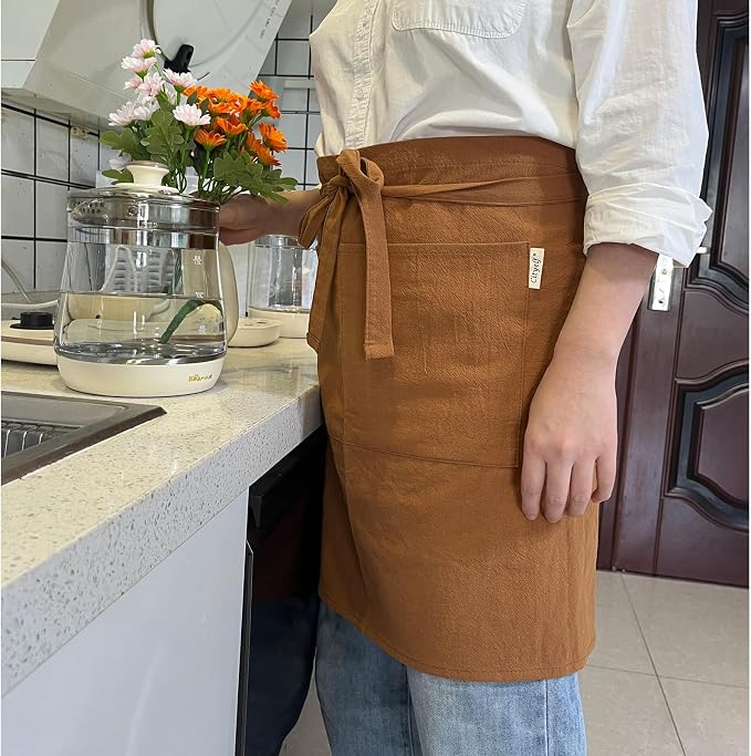 Cityelf Half Apron for Women Men Cotton Linen with 2 Large Pockets Waist Short Bistro Server Aprons Waiter Waitress Unisex - Image 5