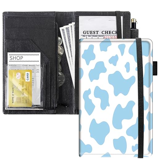 Server Books for Waitress, 5x9 Inch Waitstaff Server Order Pads, 11 Large Pockets, Cute PU Leather Waitress Book Server Wallet with Elastic Band Fit Server Apron,Blue Cow Prints by Unknown