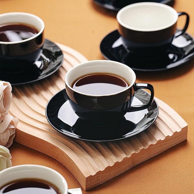 BTaT- Cappuccino Cups with Saucers 6 oz, Set of 6, Black Porcelain Coffee Cup and Saucer Set for Latte, Mocha, Tea, Au Lait, Flat White, Dishwasher, Microwave, Freezer and Oven Safe