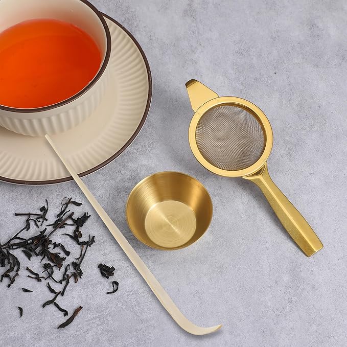 2.2" Mini Matcha Sifter Set, 30 Fine Mesh Matcha Strainer with Handle and Base, Stainless Steel Small Tea Strainer for Loose Tea Coffee Cocktail(Gold)