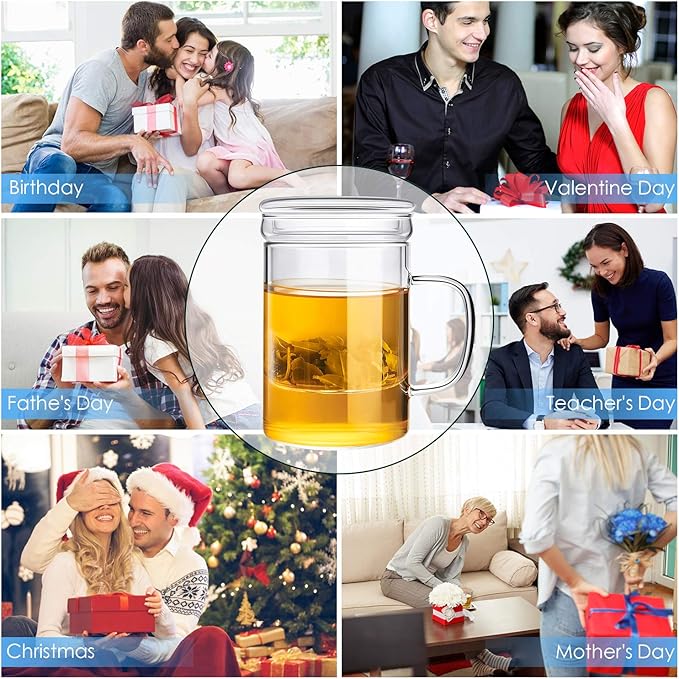 Lezero 14oz Tea Infuser Cups Kit for Loose Leaf-Tea Blooming, Glass Mug with Filter and Lid for Steeping Brewing, Heat Resistance, Lead-free, Microwave & Dishwasher Safe