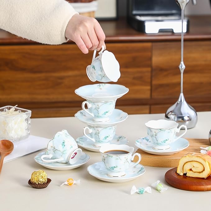 Porcelain Demitasse Cup Set of 6 (12-Piece) - 2.5oz Artisan Embossed Floral Cups and Saucers with Gold Trim for Turkish Coffee, Gift