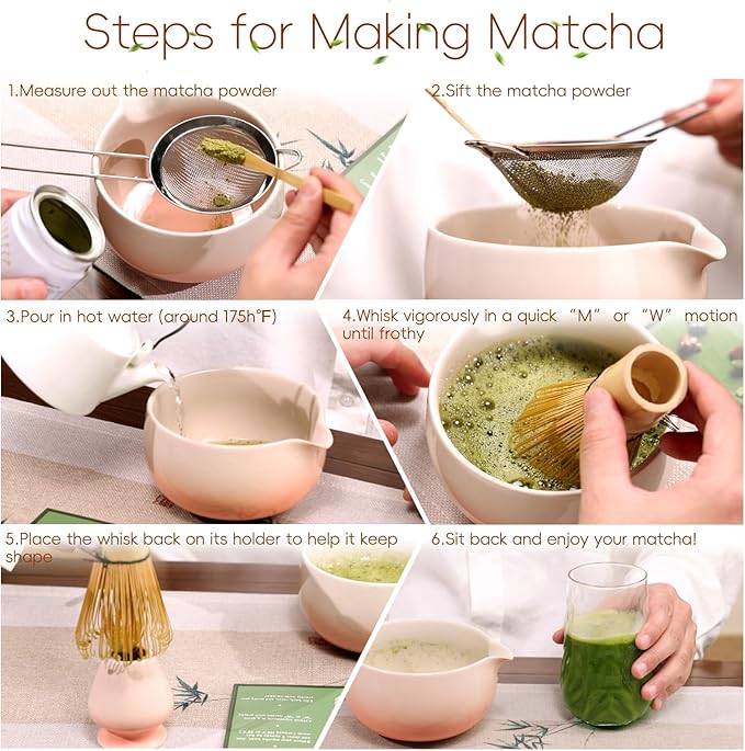 Matcha Whisk Set, Ceramic Matcha Set Includes Bowl & Holder, Bamboo Whisk (Chasen), Scoop, Spoon and Sifter, 6PCS Matcha Kit Covers Everything Needed for Making Matcha (Pink)