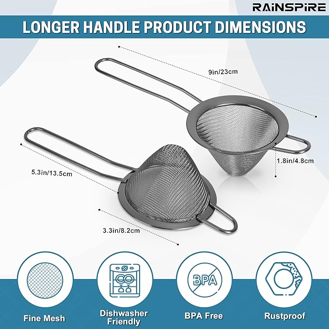 Rainspire Stainless Steel Small Strainer Fine Mesh Strainer, Mini Cocktail Strainer For Cocktails Tea Herbs Coffee & Drinks, Tea Strainer with Handle, Rust Proof, Black