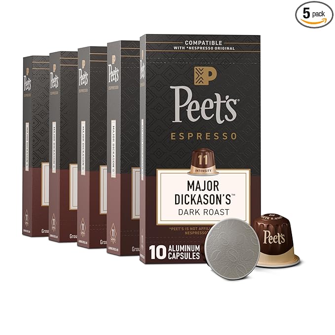 Peet's Coffee, Dark Roast Espresso Capsules, Compatible with Nespresso Original Machines, 100% Arabica Coffee - Major Dickason's Blend Intensity 11, 50 Count (5 Boxes of 10 Espresso Capsules)