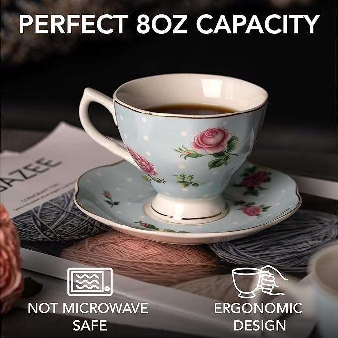 BTaT- Floral Tea Cups and Saucers, Set of 12, 8 oz, Fine Porcelain Teacup Set with Gold Trim for Afternoon Tea, Weddings, Parties & Gifting, Dishwasher Safe, Lightweight, Non-Toxic