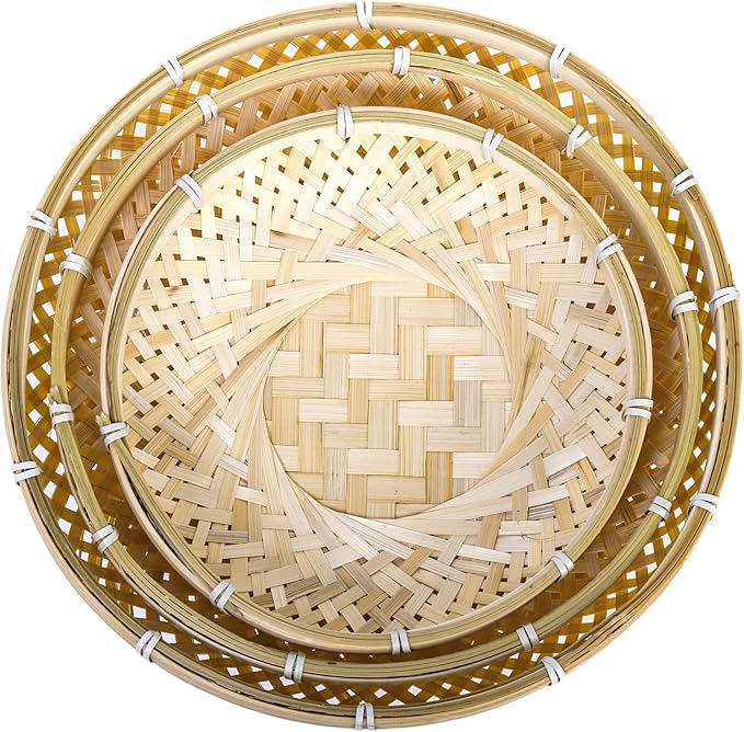 Hiceeden 3 Pack Round Bamboo Serving Trays, Decorative Wicker Basket Tray for Food, Natural Woven Shallow Tray for Fruit, Vegetables, Bread
