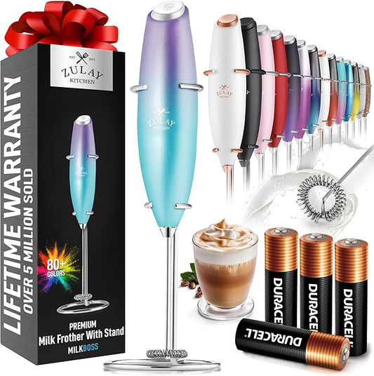 Zulay Kitchen Powerful Milk Frother Wand With 4 AA Duracell Batteries - Ultra Fast Handheld Drink Mixer - Electric Whisk Foam Maker for Coffee, Lattes, Cappuccino, Matcha & Creamer