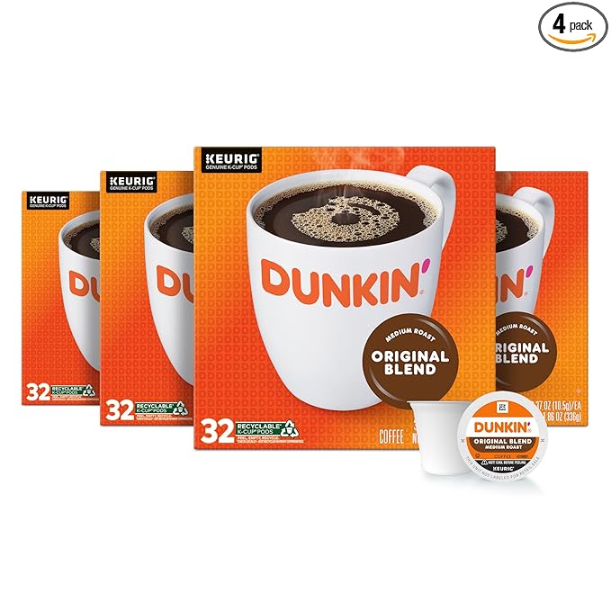 Dunkin’ Original Blend Medium Roast Coffee, Keurig K-Cup Pods, 32 Count Boxes (Pack of 4)