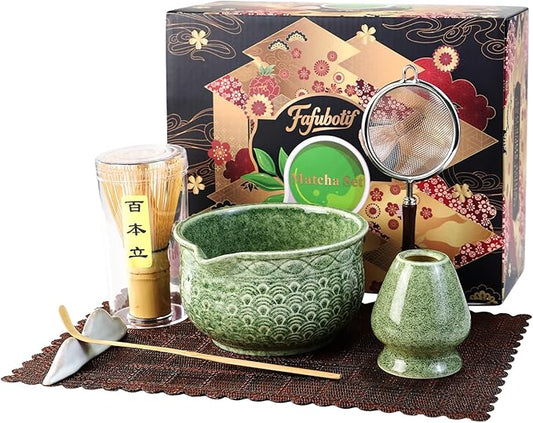 7 Pcs Matcha Whisk Set, Ceremony Matcha Kit with Matcha Bowl, Bamboo Whisk and Holder, Scoop and Scoop Rest, Sifter and Tea Towel, Gift for Matcha Lovers (Mottled Green/Wave-Patterned)