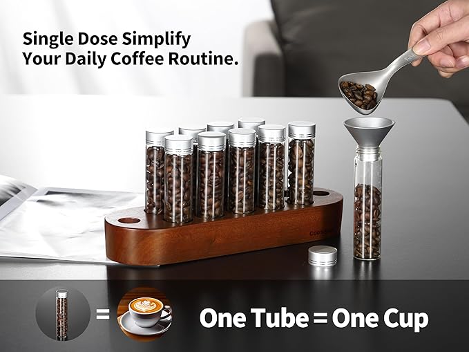 Coffee Bean Container, Single Dose Coffee Bean Storage,10PCS Coffee bean cellar container with wooden stand and funnel coffee spoon.(Silver lids)