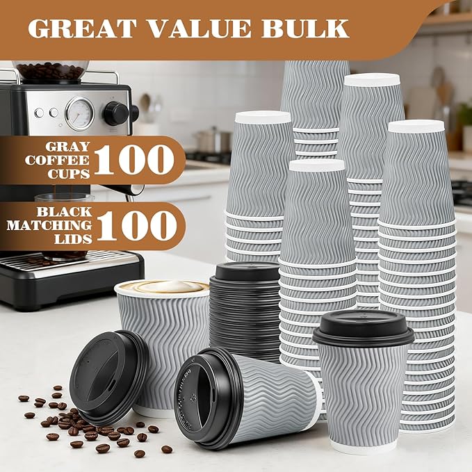 Ginkgo 100 Pack 12 oz Disposable Insulated Coffee Cups With Lids, Double-Walled Ripple To Go Paper Travel Cups for Hot Drinks - Gray