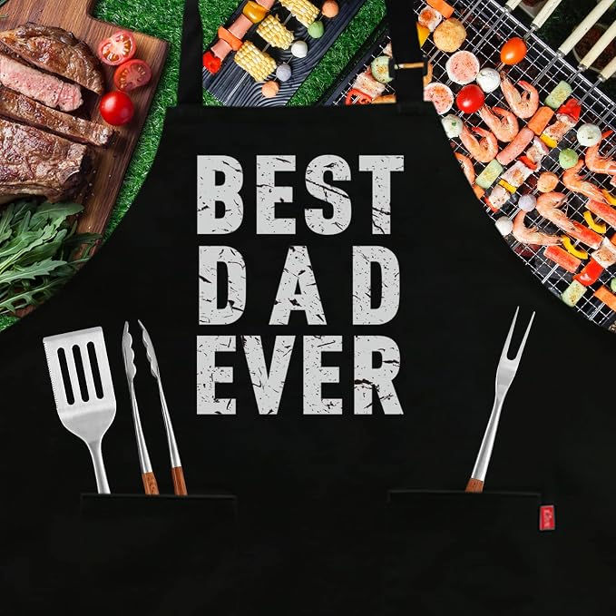 BBQ Funny Apron for Men - Best Dad Ever - Chef Bib Apron with 2 Pockets, Adjustable Neck Strap and 40" Long Ties - Best for Kitchen Cooking, Grilling, Baking, Gardening - Black - Image 2