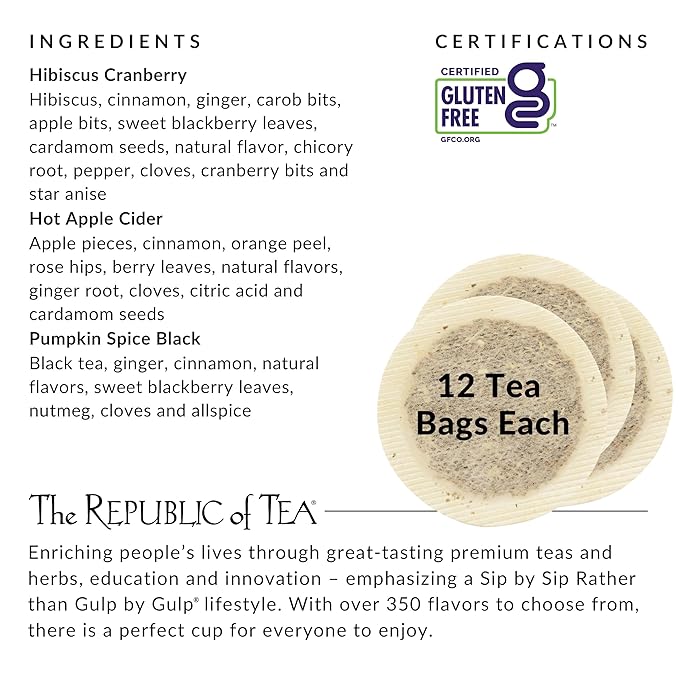 The Republic of Tea – Harvest Stackable Tea Tin, 36 Tea Bags, Hibiscus Cranberry Herb, Hot Apple Cider Herb, and Pumpkin Spice Black, Gluten Free