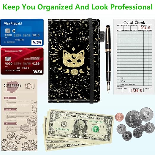 Server Books for Waitress, 5x9 Inch Waitstaff Server Order Pads, 11 Large Pockets, Cute PU Leather Waitress Book Server Wallet with Elastic Band Fit Server Apron,Golden Cat Moon Stars - Image 5