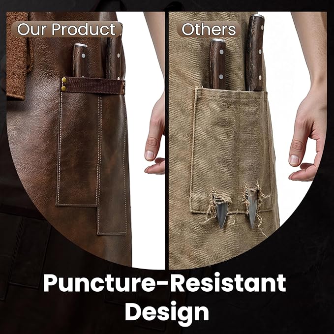 SYOKAMI Synthetic Leather Chef Cooking Apron for Men, Cross Back Apron for All-Day Comfort, Waterproof Apron with Multiple Pockets, Great for Kitchen, Garden, BBQ, Butcher Work or Crafts, Ideal Gift