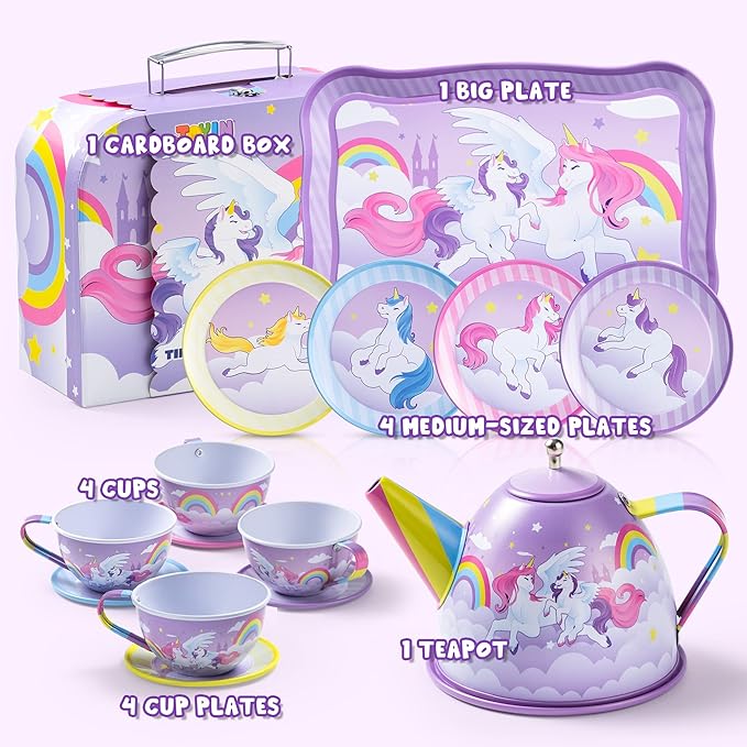 JOYIN Unicorn Tea Party Set for Little Girls, Pretend Purple Tin Teapot Set, Princess Tea Time Play Kitchen Toy with Teapot, Cup, Plate, Carrying Case for Kids Toddler Age 3+, Birthday Gifts