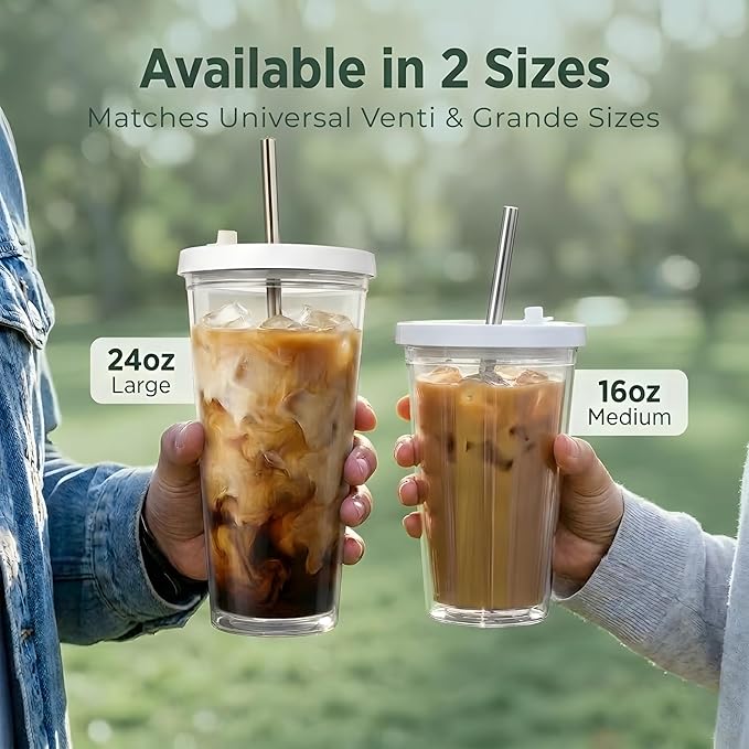 Reusable Iced Coffee Cup (24 Oz/Venti), Leak Proof and Double Wall Insulated Iced Coffee Tumbler, Come with Reusable Plastic and Metal Straws and Straw Cleaner - White