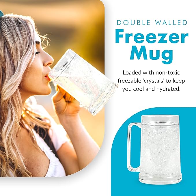 Simply Green Solutions - Clear Mug, Frozen Mugs for Freezer, Double Walled Beer Mug, Freeze Cups for Drinks, Insulated Plastic Mugs with Handles, 16 Oz Capacity