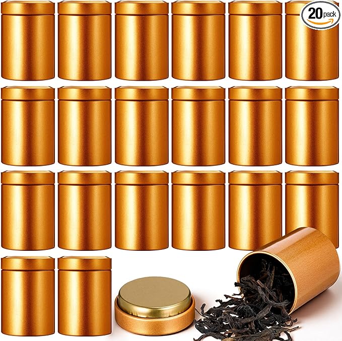 20 Pcs Mini Tea Tin Canister 1.8 × 2.6" with Round Airtight Double Lid Small Kitchen Tea Canister Container for Travel Business Leaf Coffee Candy Spices Herbs (Gold)