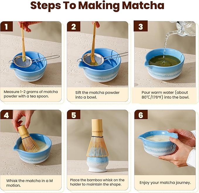 Matcha Whisk Set, Ceramic Matcha Kit Desert Style, Matcha Whisk and Bowl, Bamboo Scoop and Rest, Sifter and Tea Towel, 7 Pcs Gifts for Matcha Lover - Light Blue