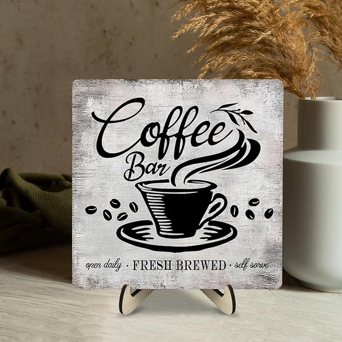 Vintage Coffee Bar Sign Plaque for Coffee Station,Funny Jave Desk Decor for Home or Office,Cafe Shop (Gray, 5.9x5.9inches)