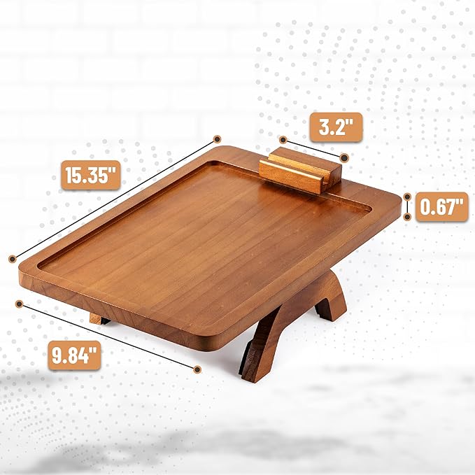 BAMBOO LAND- Couch Arm Tray, Wooden Folding Couch Armrest Table, Rectangular Clip-On Sofa Arm Tray with 360° Rotating Phone Holder