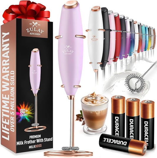 Zulay Kitchen Powerful Milk Frother Wand With 4 AA Duracell Batteries - Ultra Fast Handheld Drink Mixer - Electric Whisk Foam Maker for Coffee, Lattes, Cappuccino, Matcha & Creamer