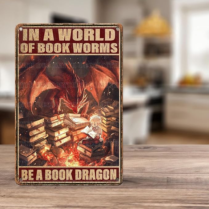 Dragon Vintage Art Wall Decor Sign In A World of Bookworms Be A Book Dragon for Garage Home Bedroom Bar Wall Decor 12 * 8inch - Image 5