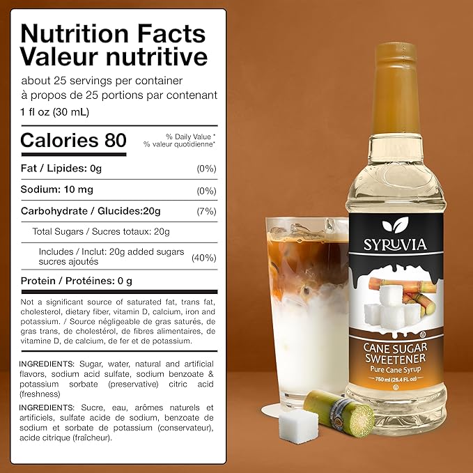 Syruvia Coffee Syrup, Cane Sugar Sweetener Flavored Syrup for Drinks, Lattes, and Desserts – 25.4 fl oz, With Pump