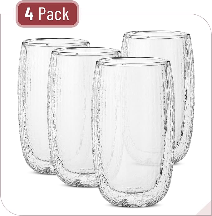 BTaT- Double Walled Glasses, 4 Pack, 12 oz (350 ml), Insulated Dotted Glass Cups, Double Wall Drinking Glasses for Iced Tea, Juices, Water, Cocktails, Hot and Cold Beverages